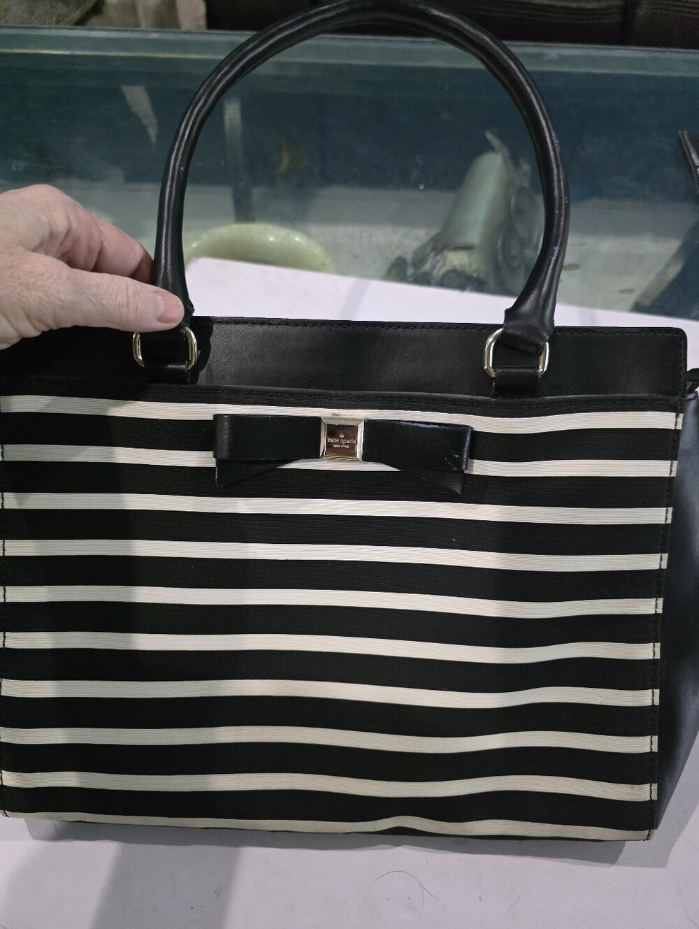 Kate Spade Striped Black & White Bow Tote Handbag